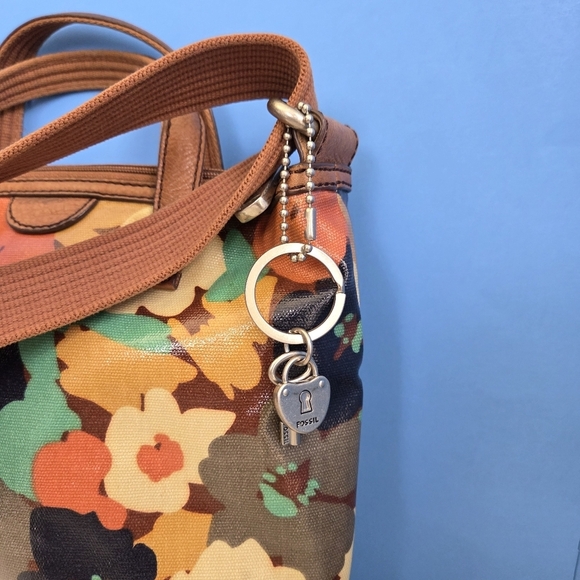 Retro Fossil Key Per Boho Crossbody Bag Coated Canvas Shoulder Floral Charms - Picture 10 of 12